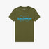Salomon Mens Cruiser Short Sleeve Tee in dark olive, featuring a prominent blue brand graphic on the chest. Flat lay view.