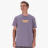 Salomon Mens Round Trip Short Sleeve Tee in blue granite, featuring a central yellow and orange logo, worn by a model from