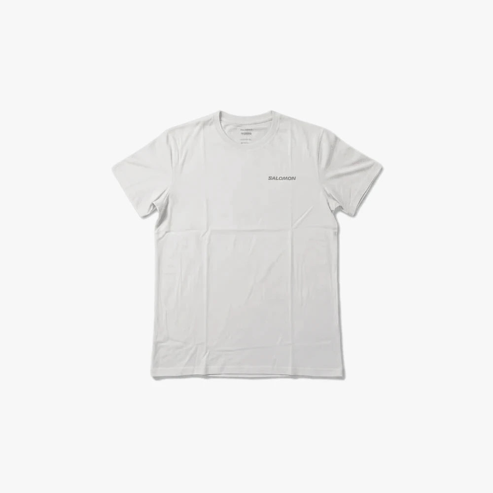 Salomon Mens Small Core Logo Short Sleeve Tee in white, featuring a crew neck and short sleeves.