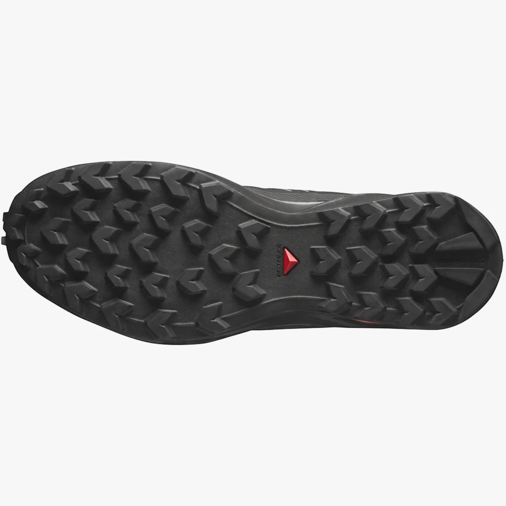 Salomon Mens Speedcross Peak trail sneaker in black, showcasing the durable Contagrip rubber outsole with aggressive lugs