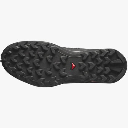 Salomon Mens Speedcross Peak trail sneaker in black, showcasing the durable Contagrip rubber outsole with aggressive lugs