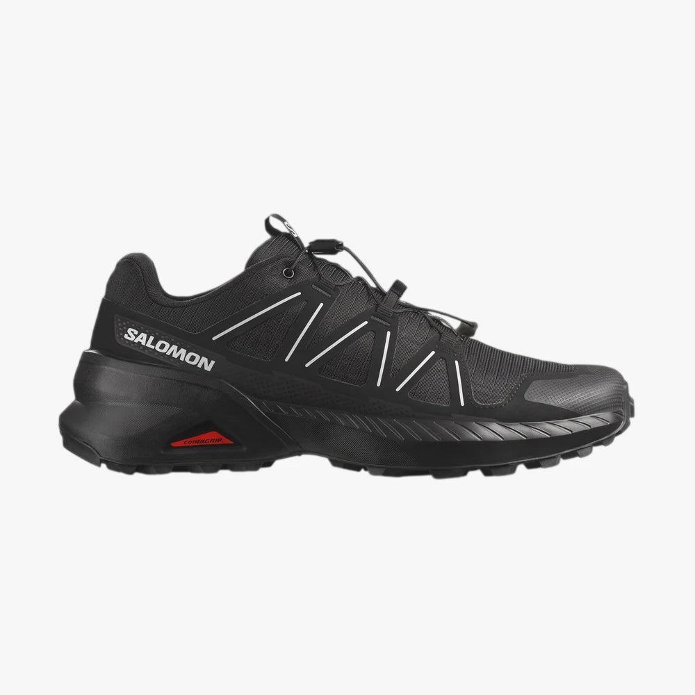 Salomon Mens Speedcross Peak Trail Sneaker in black, featuring durable mesh construction and Contagrip outsole, shown in a