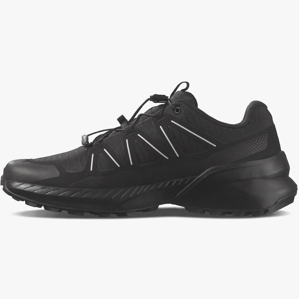 Black Salomon Mens Speedcross Peak Trail Sneaker with white accents and speed lacing system, side view.