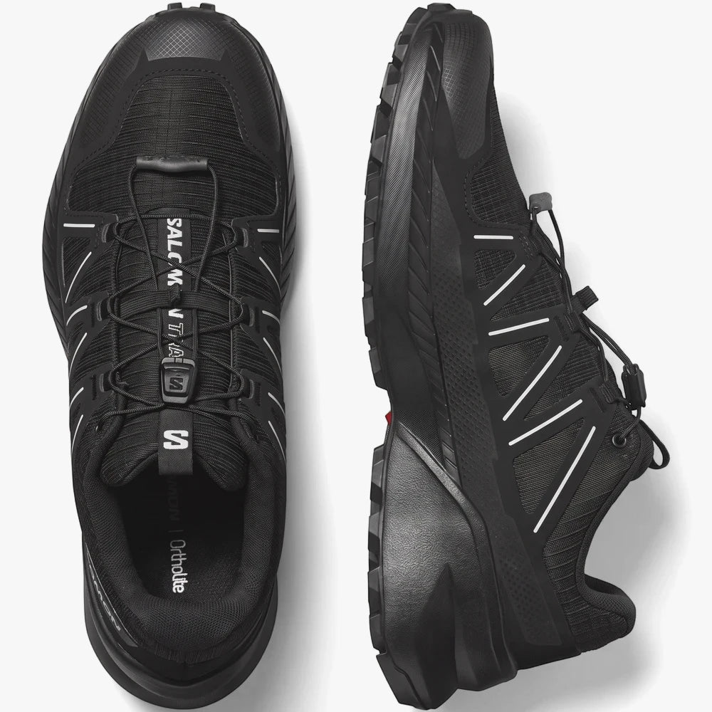 Pair of Salomon Mens Speedcross Peak Trail Sneakers in black, shown from top-down and side views on a studio background.