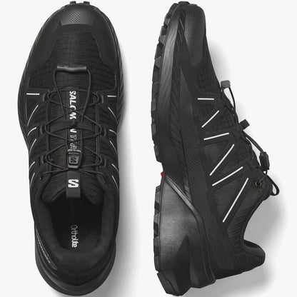 Pair of Salomon Mens Speedcross Peak Trail Sneakers in black, shown from top-down and side views on a studio background.