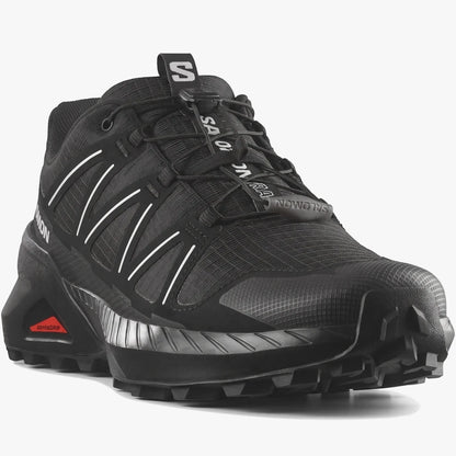 Salomon Mens Speedcross Peak Trail Sneaker in black, featuring mesh upper, quicklace system, and a durable lugged sole.