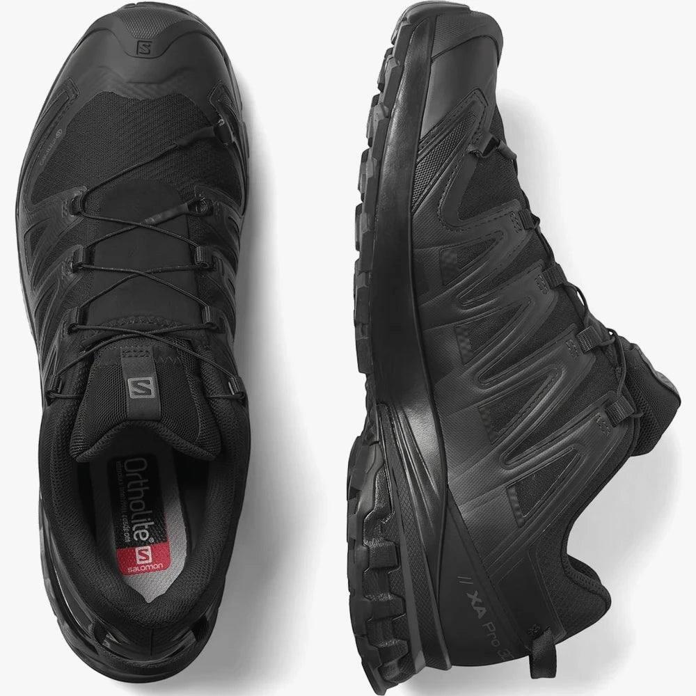 Salomon Mens Xa Pro 3D V8 Black Black Magnet trail running shoes, shown from a top-down and side view on a white background.