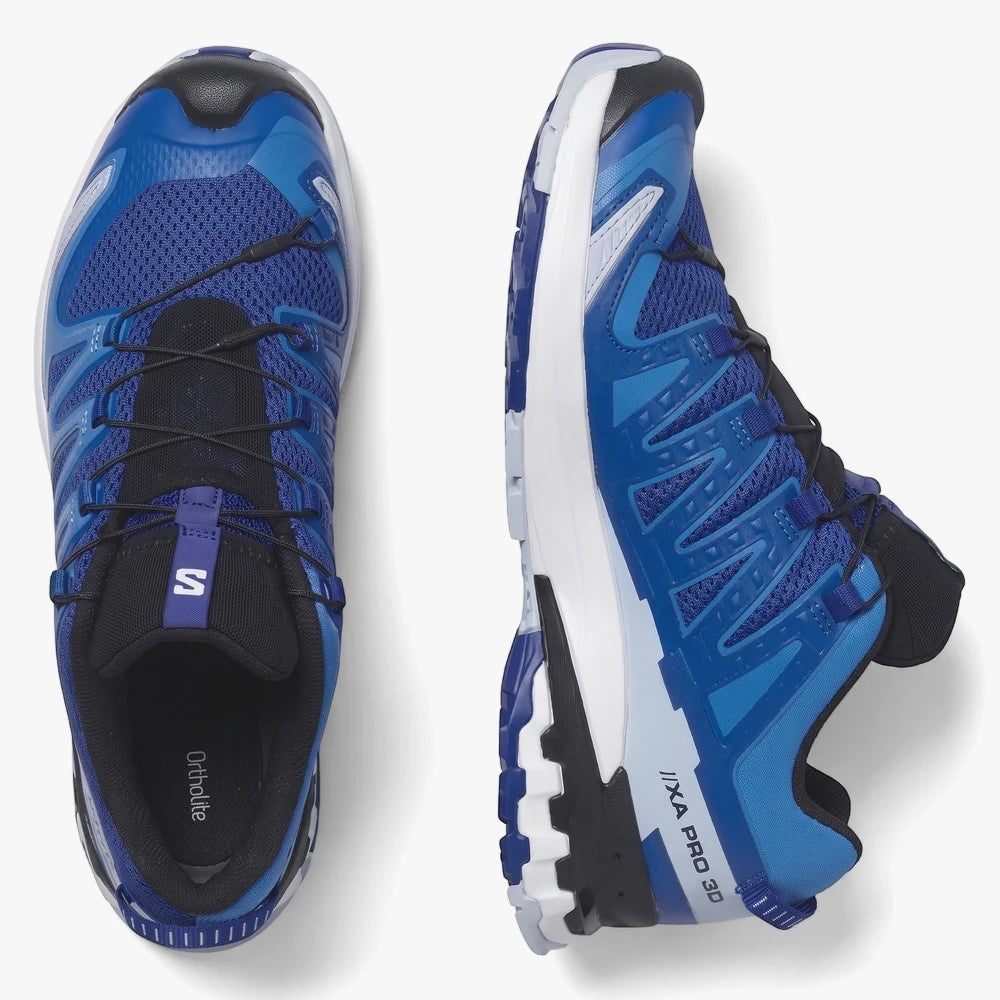 Salomon Mens Xa Pro 3D V9 Surf The Web Ibiza White trail running shoes in blue, black, and white, shown from top and side