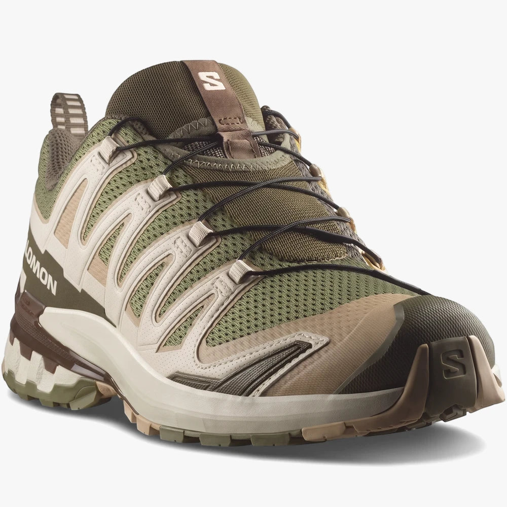 Salomon Mens Xa Pro 3D V9 Trail Sneaker in deep lichen, safari, and dark earth colors, shown from a side perspective.