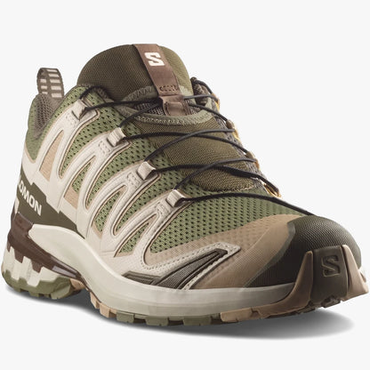 Salomon Mens Xa Pro 3D V9 Trail Sneaker in deep lichen, safari, and dark earth colors, shown from a side perspective.