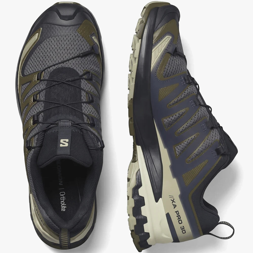 Salomon Mens Xa Pro 3D V9 Trail Sneakers, dark gray, olive green, and navy, shown in top-down and side views.