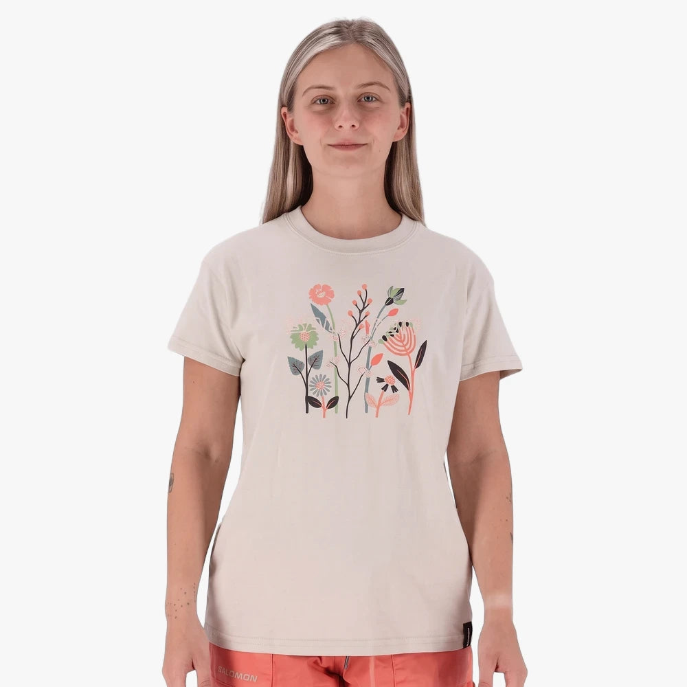 Salomon Womens Forever Young Tee in pumice stone, featuring a short-sleeve design and a colorful floral graphic print.