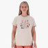 Salomon Womens Forever Young Tee in pumice stone, featuring a short-sleeve design and a colorful floral graphic print.