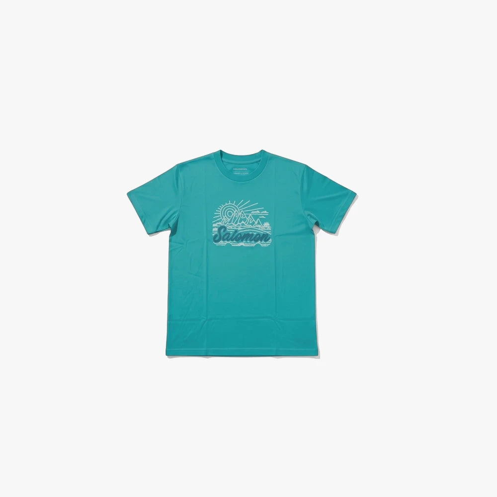 Salomon Womens New Horizons Short Sleeve Tee in aquatic blue, featuring a white graphic print of a sun, mountains, and the