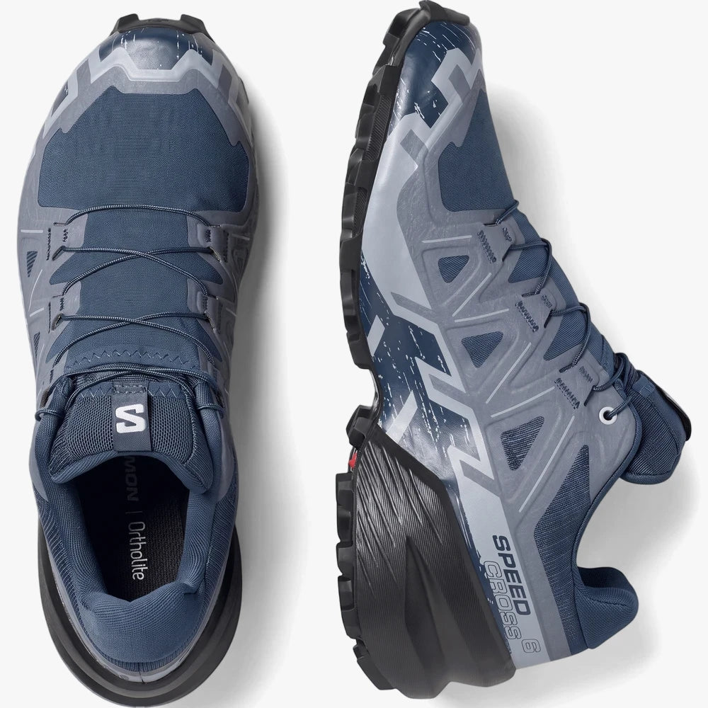 Salomon Womens Speedcross 6 trail shoes in blue, grey, and black, shown from top and side views.