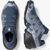 Salomon Womens Speedcross 6 trail shoes in blue, grey, and black, shown from top and side views.