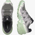 Salomon Womens Speedcross 6 Trail Sneakers in Castlerock, Vanilla Ice, and Smoke Green, shown from top and side view.