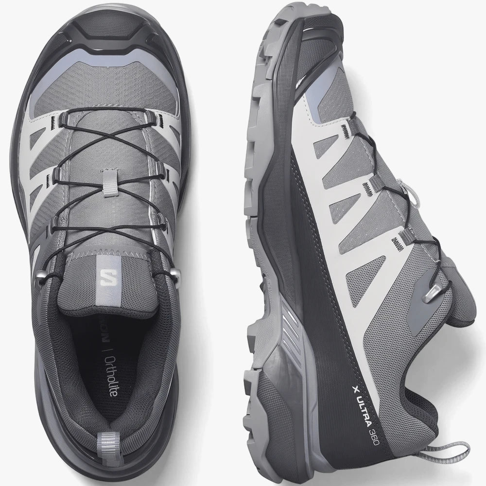 Salomon Womens X Ultra 360 Hiking Shoes in sharskin, gris, and stonewash, shown from top-down and side views.