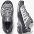 Salomon Womens X Ultra 360 Hiking Shoes in sharskin, gris, and stonewash, shown from top-down and side views.