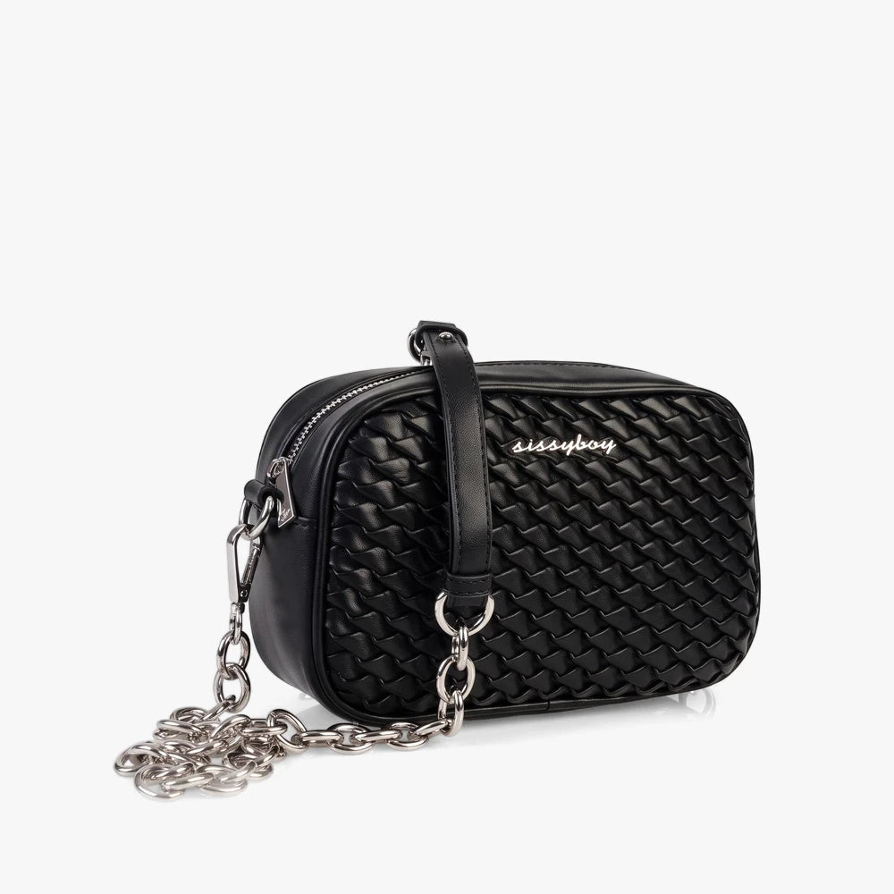Black Sissy Boy Aurora crossbody bag featuring a braided texture and a stylish silver chain strap.