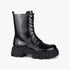 Black Sissy Boy lace-up utility boot with a chunky lug outsole, glossy patent leather-look finish, shown standing upright.