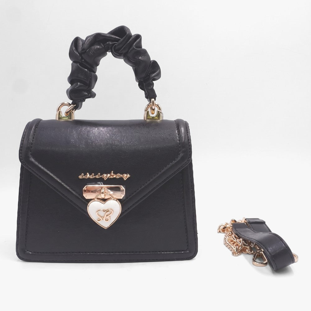 Sissy Boy Black Handbag with a ruched top handle, gold hardware, a white heart-shaped clasp, and a matching detached strap.