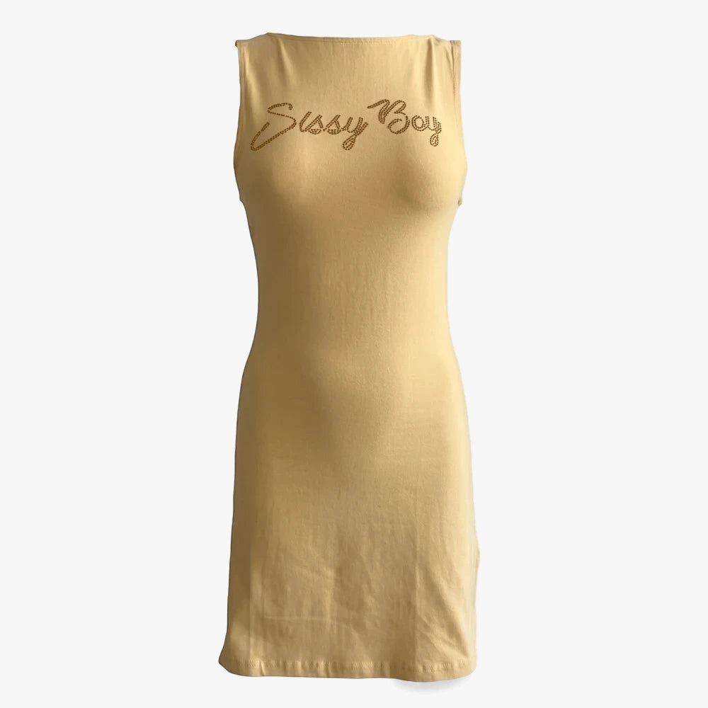 Pale yellow Sissy Boy boat neck mini dress with a sparkling bling logo on the chest, presented front view.