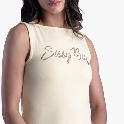 Sissy Boy Boat Neck Mini Dress in pale yellow, featuring a sparkling bling logo across the chest, worn by a woman.
