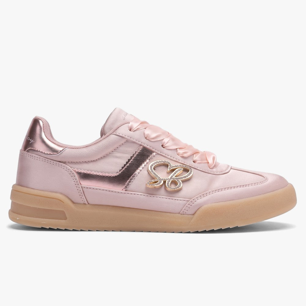 Pink Sissy Boy Donovan sneakers featuring satin material, rose gold metallic accents, and golden SB branding on a gum sole.