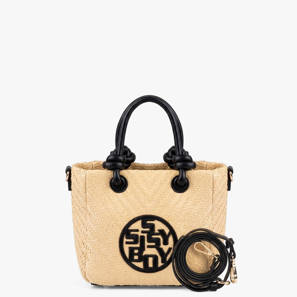 Sissy Boy Everleigh mini tote handbag. Beige woven body, black knotted handles, coiled strap, and logo. Gold hardware
