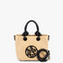 Sissy Boy Everleigh mini tote handbag. Beige woven body, black knotted handles, coiled strap, and logo. Gold hardware