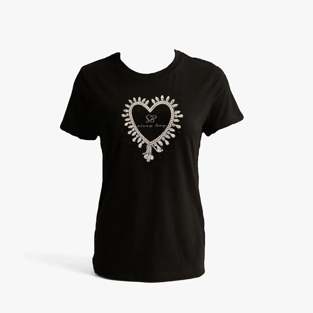 Black Sissy Boy regular fit tee with a silver bling heart embroidered logo on the chest, showcasing radiant and dangling
