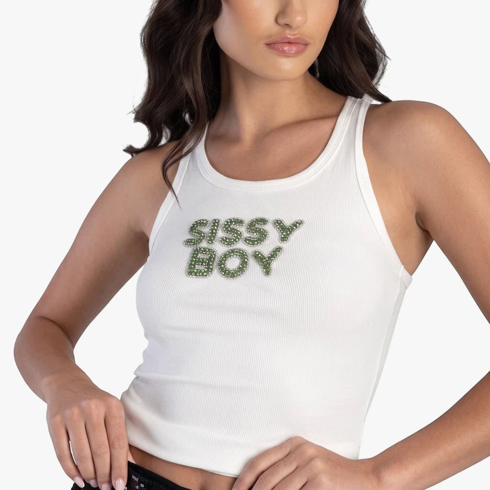 Close-up of a woman wearing a white Sissy Boy Sun Daze ribbed tank top with a green studded &