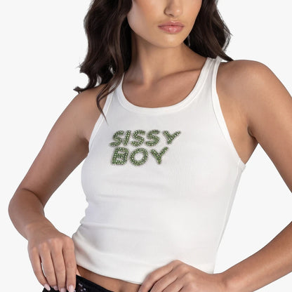 Close-up of a woman wearing a white Sissy Boy Sun Daze ribbed tank top with a green studded &
