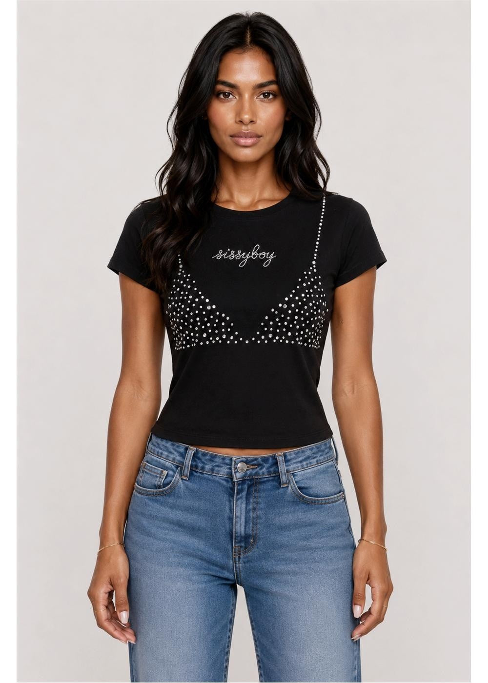Sissy Boy Womens Crystal Fantasy Baby Tee Black