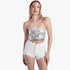 Sissy Boy Womens Metallic Silver Bandeau top and white distressed denim shorts, modeled on a blonde woman.