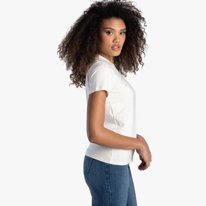Sissy Boy Womens Pearl Abd Bling Top in off-white, featuring short sleeves and round neckline, styled with denim jeans.