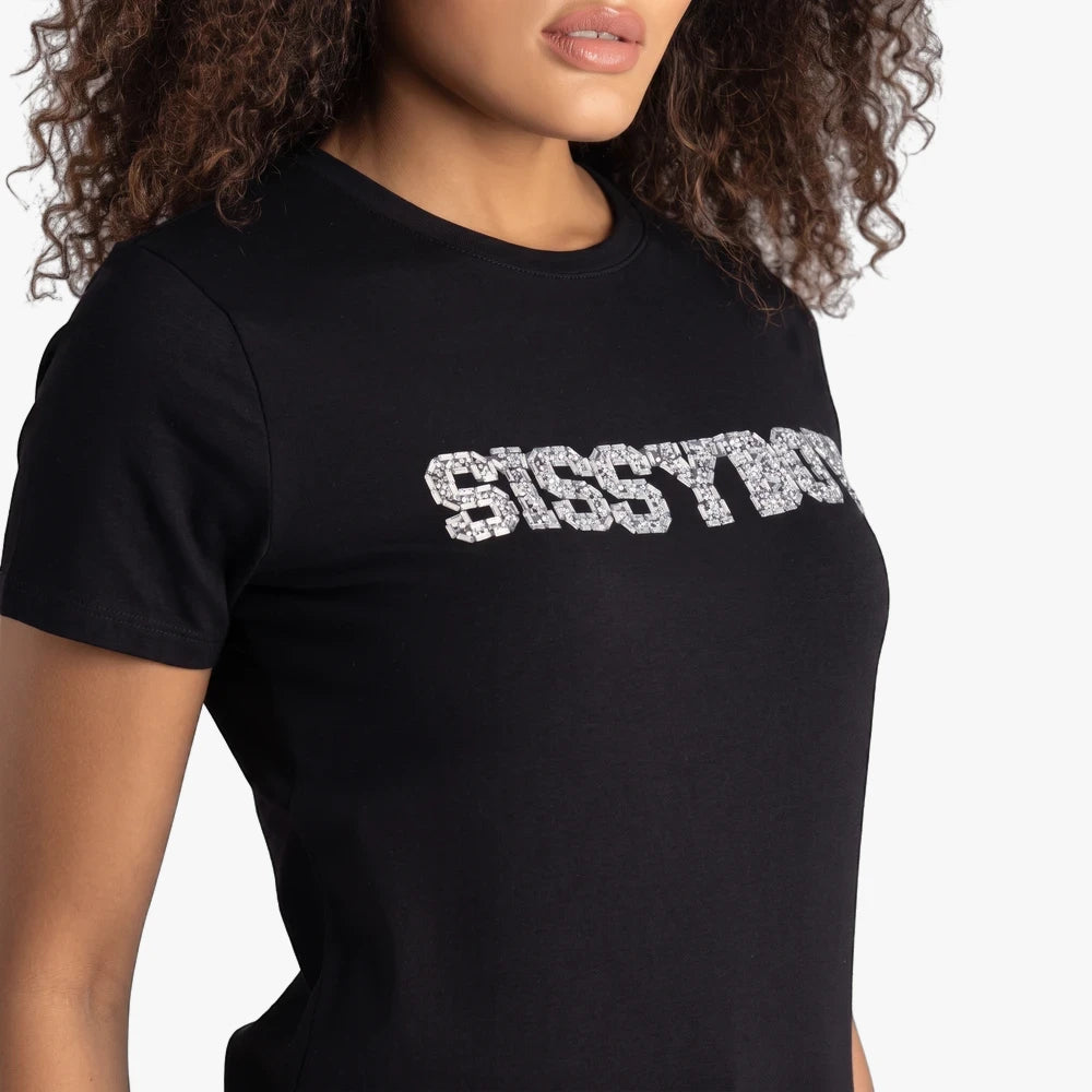 Close-up of a woman wearing a black Sissy Boy regular fit short sleeve tee with sparkling bling text.