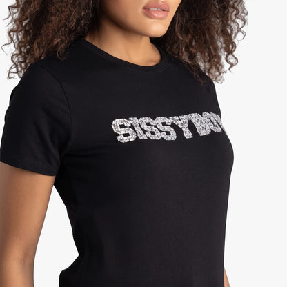 Close-up of a woman wearing a black Sissy Boy regular fit short sleeve tee with sparkling bling text.