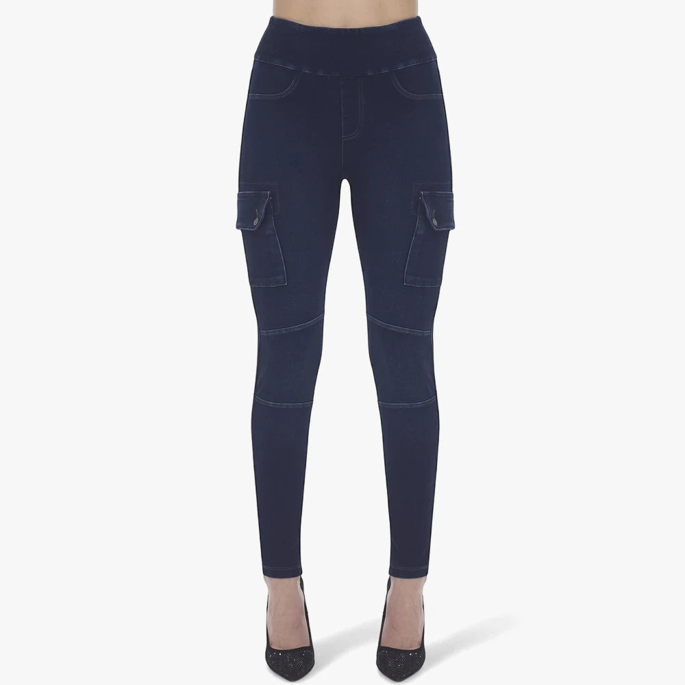 Sissy Boy Womens Snap Back High Rise Knit Cargo dark vintage leggings on a model, featuring thigh pockets and knee paneling.