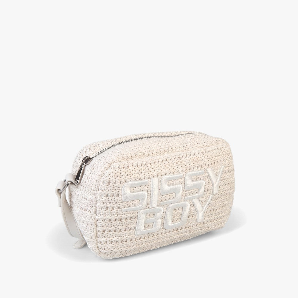 Sissy Boy Wren crossbody bag in off-white, featuring a crocheted texture and an embossed logo. This stylish women&