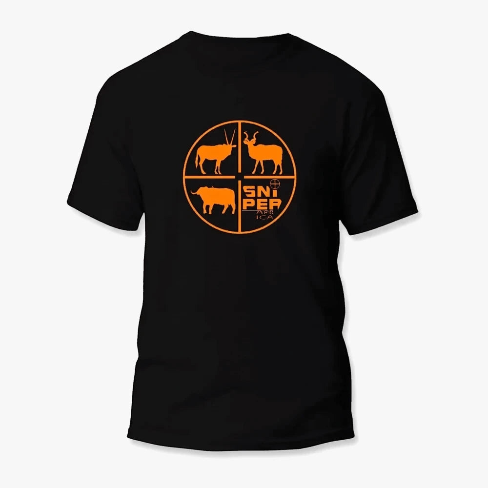 Black Sniper Boys Retical short sleeve tee with an orange circular graphic featuring animal silhouettes and &