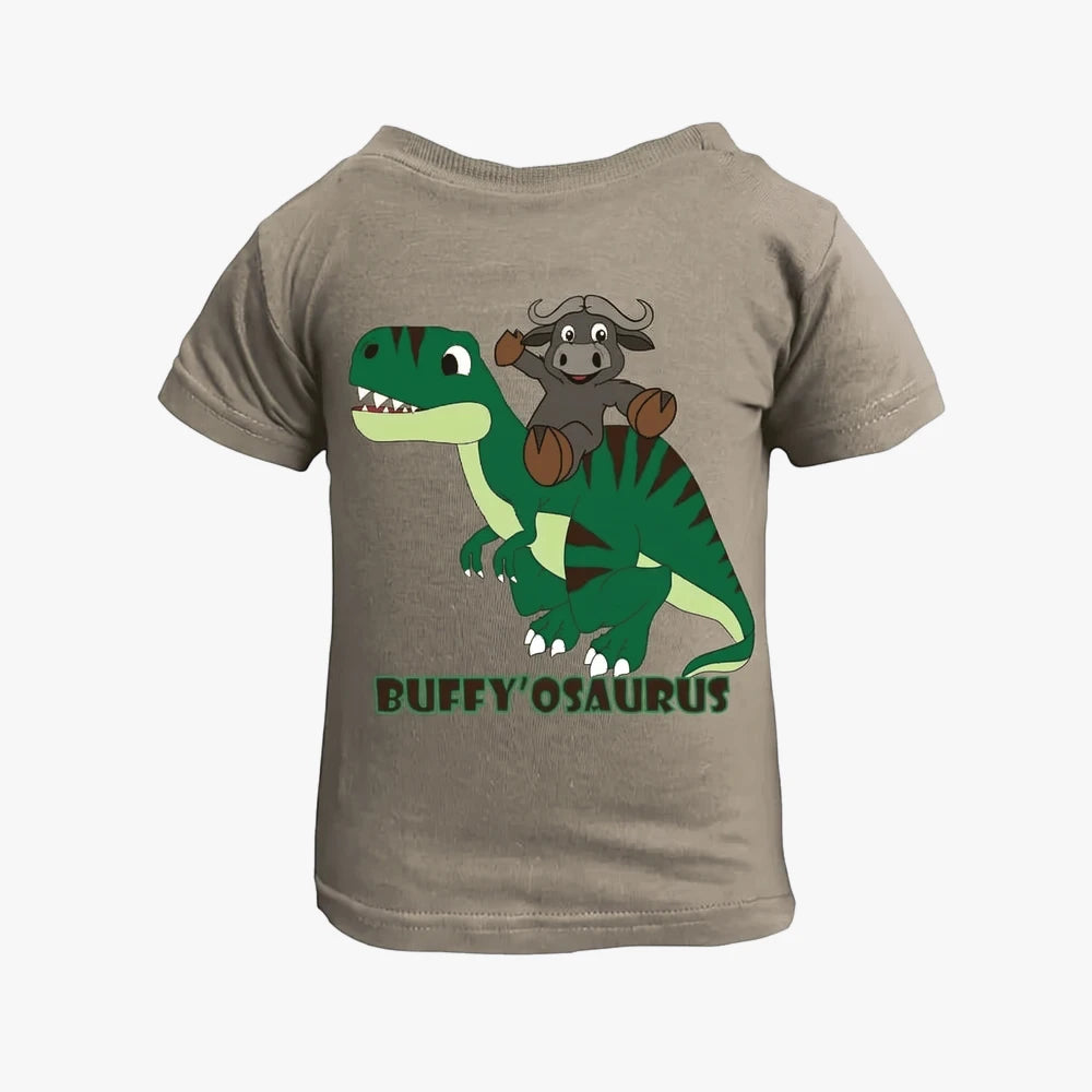 Khaki toddler t-shirt with a playful green T-Rex dinosaur graphic and a gray buffalo, text &