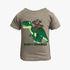 Khaki toddler t-shirt with a playful green T-Rex dinosaur graphic and a gray buffalo, text &