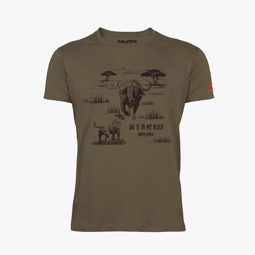 Sniper Mens Vintage Short Sleeve Tee in Cayote with a buffalo and dog graphic print on the front.