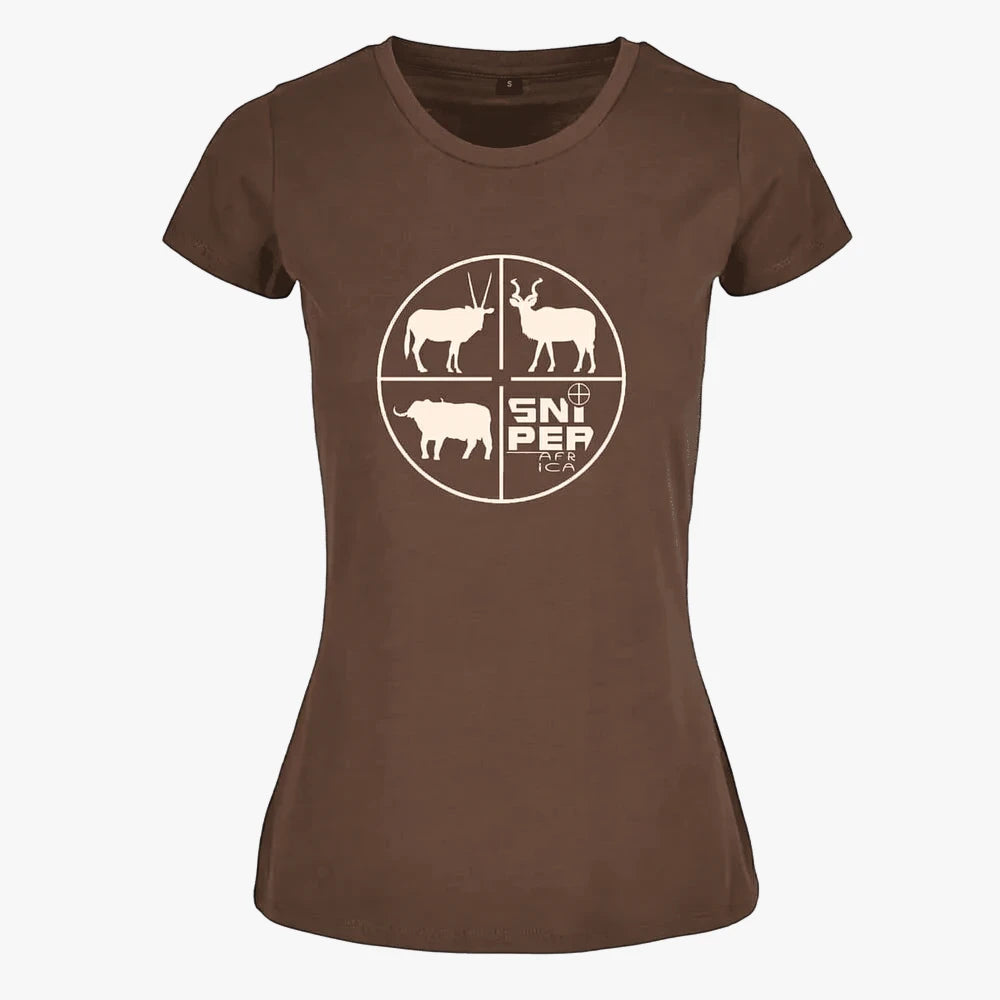 A front view of a brown Sniper Womens Retical Tee with a white circular graphic featuring African animals.