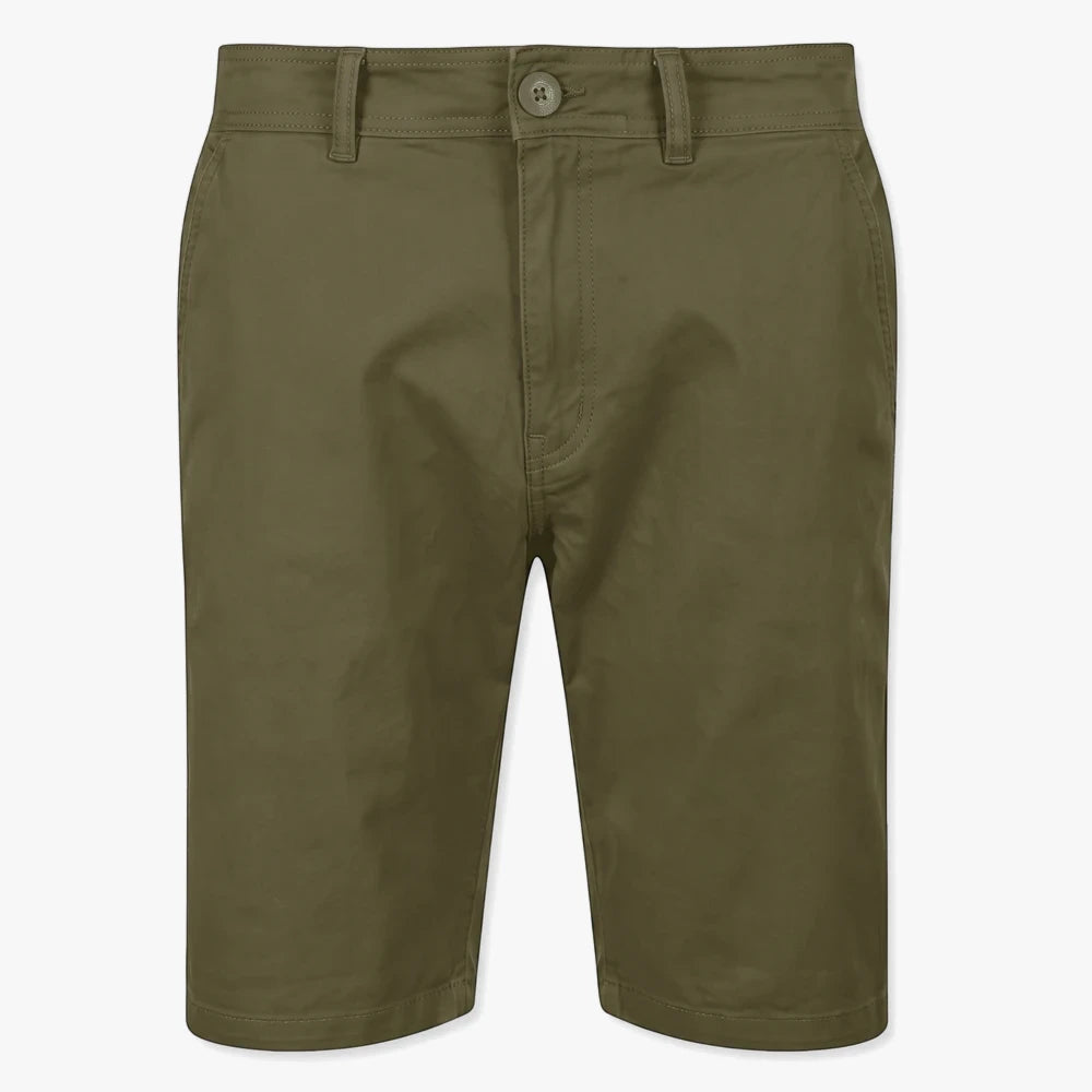 Olive green Soviet Boys Chino Shorts, classic style with a single button closure and belt loops, shown in a front view.