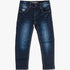 Full shot of Soviet Boys Integra Fashion Skinny Denim Blue Black jeans, laid flat. Dark blue wash with light fading, white