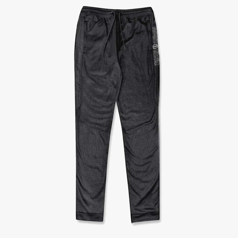 Black Soviet Boys Urban Trackpants with a drawstring waist, viewed flat-lay. Ideal for comfortable casual wear or athletic