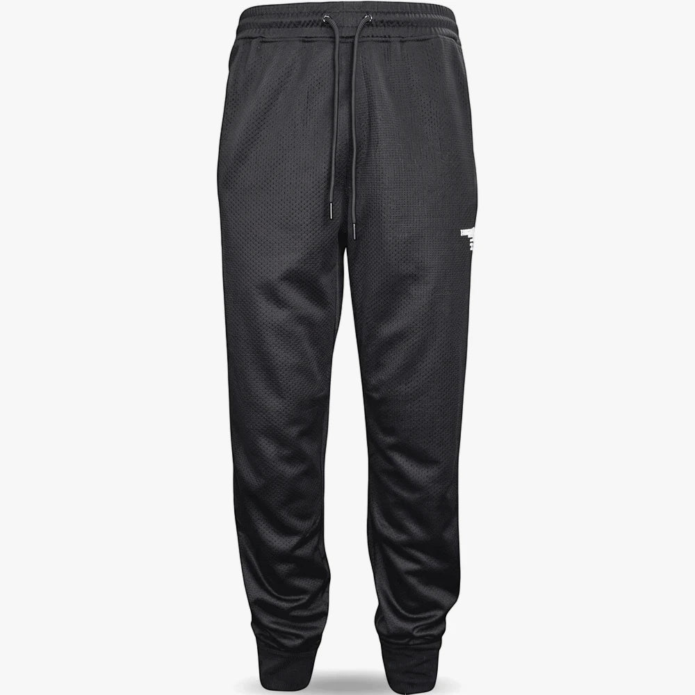 Black Soviet Mens Mueller fashion trackpants featuring a mesh texture and drawstring waist on a white background.